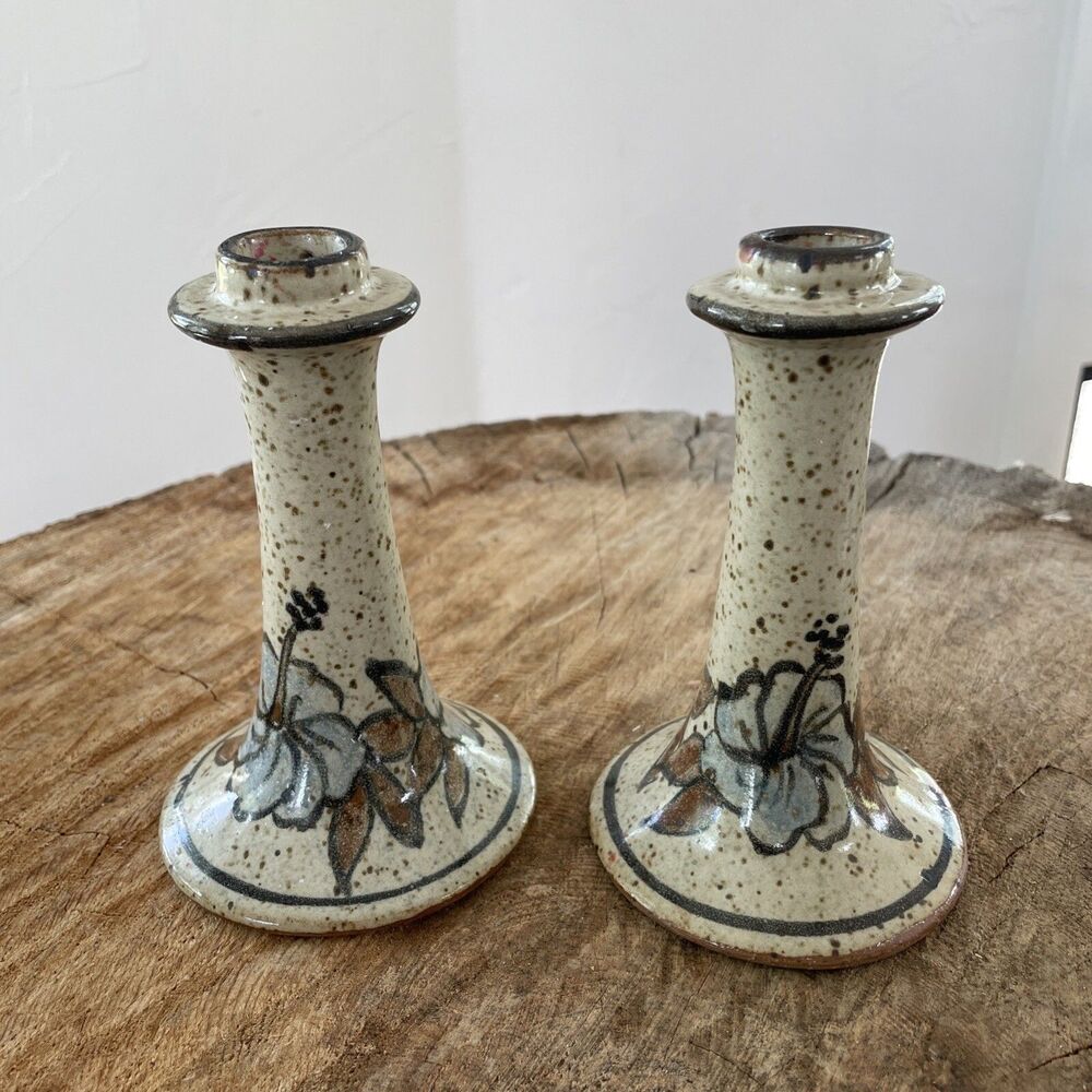 Vintage Stoneware‎ Candlestick Holders Pair Floral